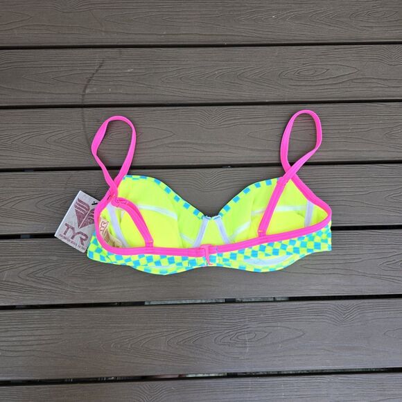 TYR Women Checkered Neon/blue Push Up Underwire Bikini Top Size L NEW - Picture 2 of 3